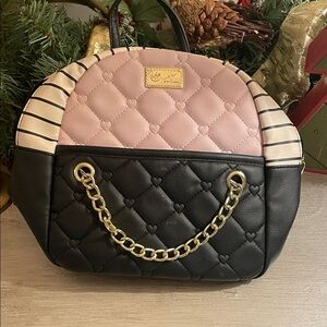 Luv Betsey by Betsey Johnson Chic Pink and Black Quilted Backpack Gold Accents